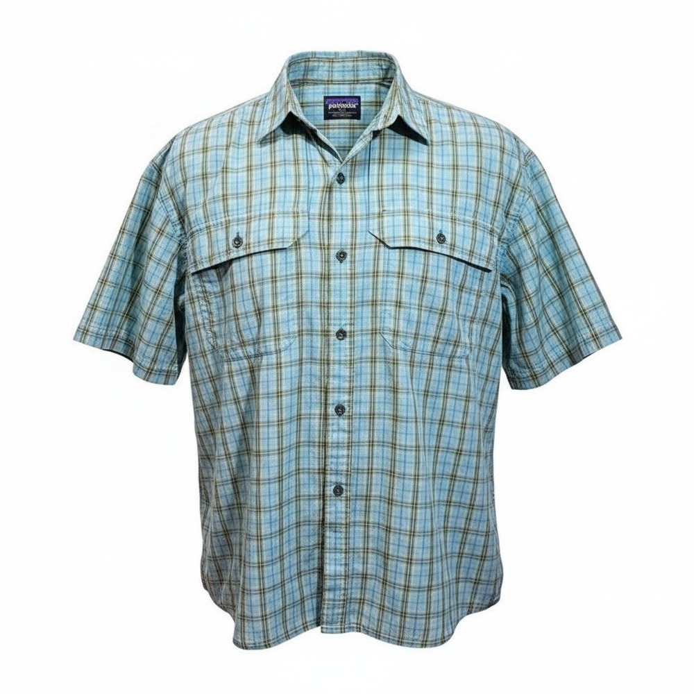 Patagonia Men's Large Green Blue Plaid Short Sleeve Button Front Hiking Shirt